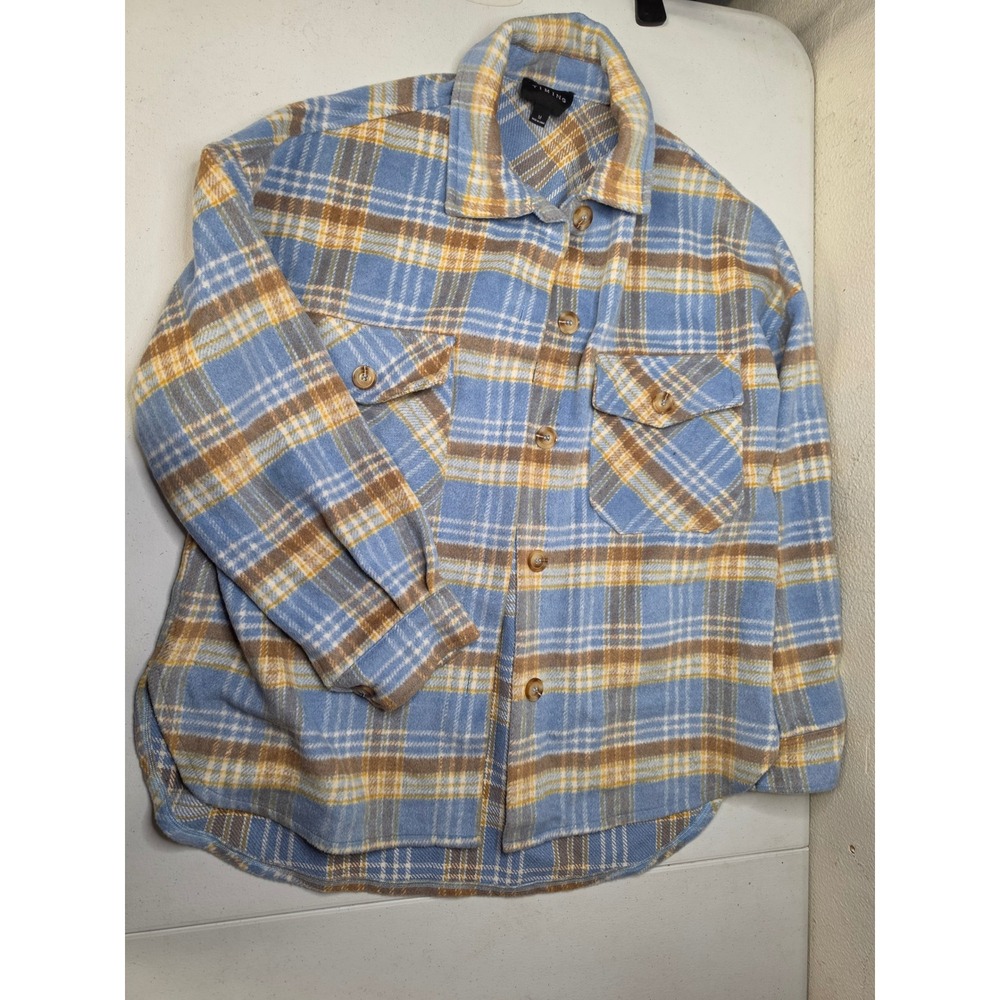 Timing Women Plaid Flannel Shacket Blue Brown Wool Blend Button Up Jacket M